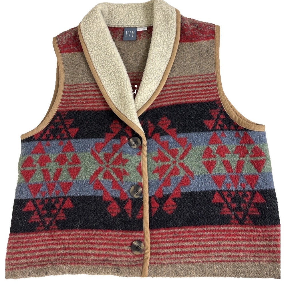 Vintage Southwestern Aztec Blanket Vest Womens Large Sherpa Collar Wool Blend